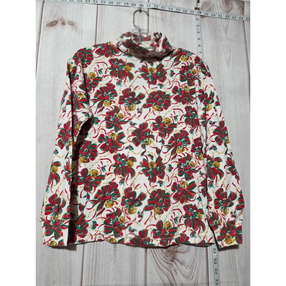 Penny Lane‎ Womens Christmas Turtleneck Top Medium Red Green Bows Bells Holiday